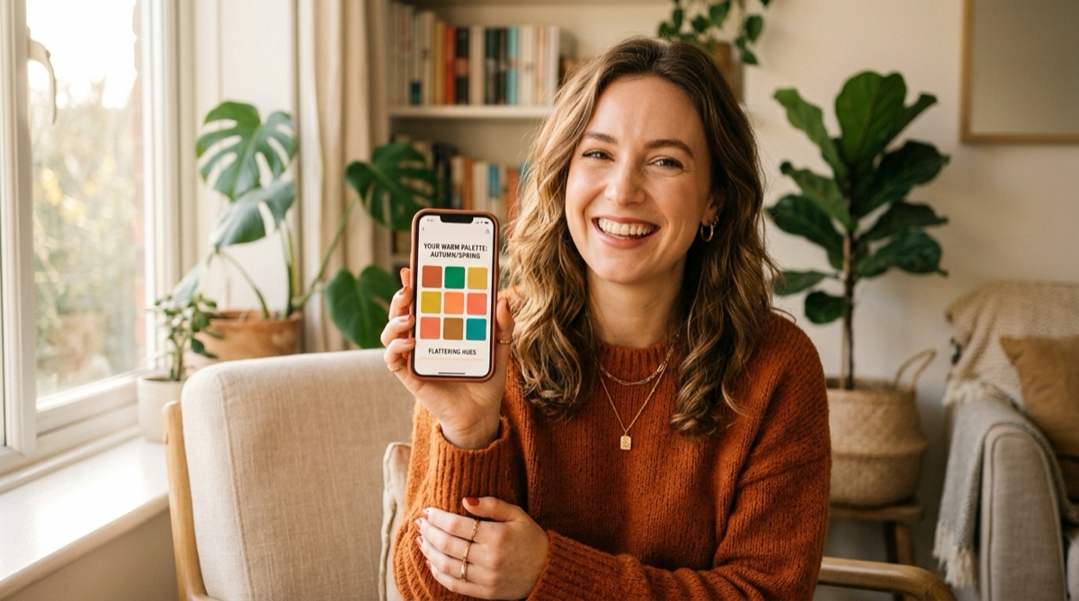 Woman discovering her best colors with an AI color analysis app