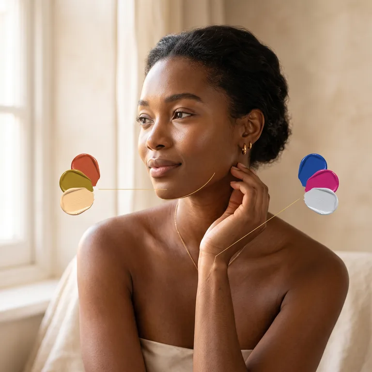 Portrait with warm and cool color swatch fans connected to the jawline by fine gold lines