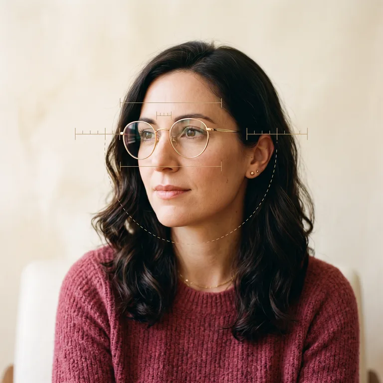 Portrait wearing spectacles with fine gold fitting guides marking frame width and bridge placement