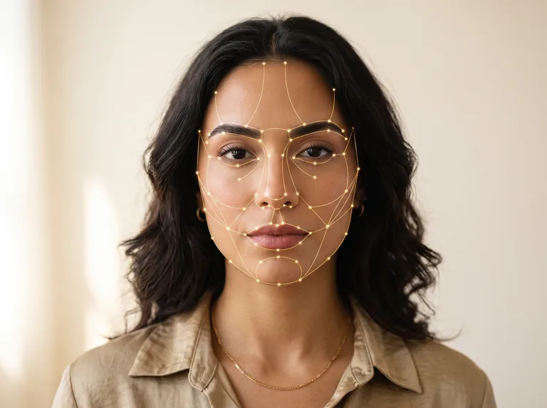 Editorial portrait with fine gold landmark points and lines mapped across the face