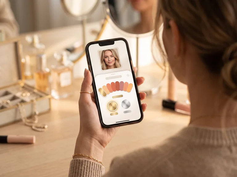 MaxAura color report on a phone showing an undertone readout with warm palette chips and a highlighted gold metal swatch