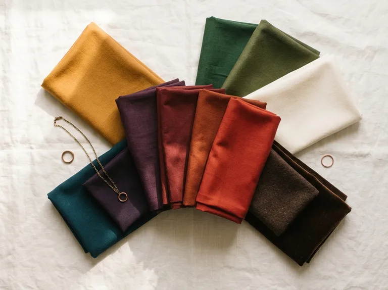 Deep Autumn color palette in folded fabric: deep teal, forest green, oxblood, paprika, golden ochre, aubergine and espresso