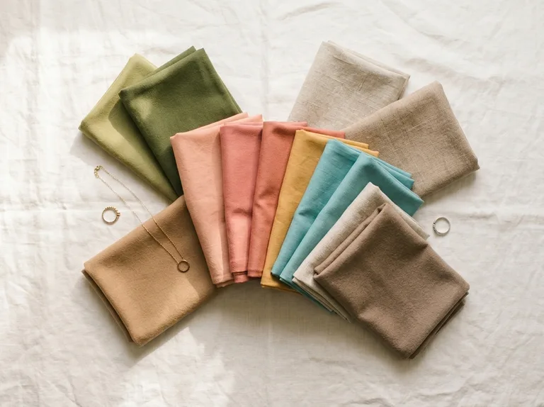 Soft Autumn color palette in folded fabric: soft olive, dusty peach, terracotta, honey, muted teal, oatmeal and camel